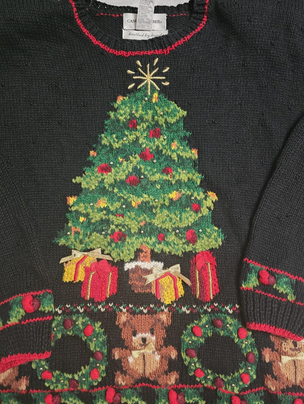 Vintage Casual Corner Christmas Tree Knit Sweater Gift Wreath Teddy Bear Motif - Picture 7 of 13